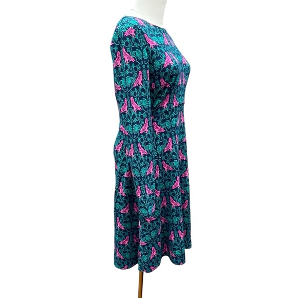 Boden Annie Jacquard A-Line Long Sleeve Teal and Pink Bird Print Dress Size 6R - Picture 7 of 16
